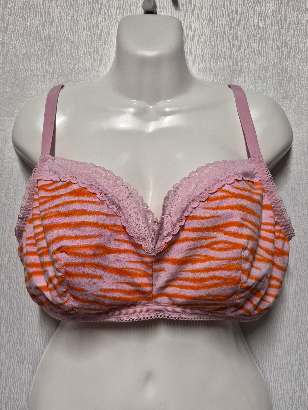 Savage X Fenty 2X Pink Orange Tiger Stripe Cotton Bralette Lace Trim Wireless